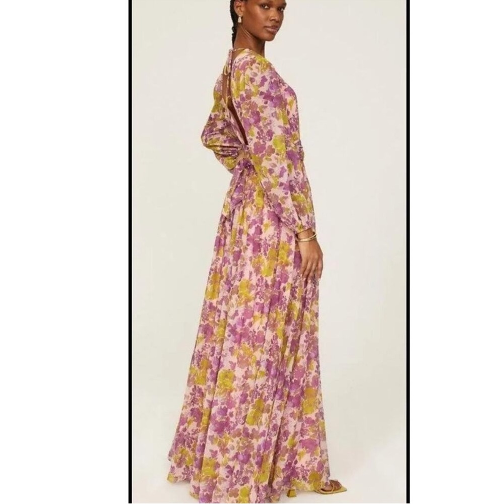 LDT Pink Orange Floral Print Goddess Long Sleeves Open-Back Maxi Dress Size 6